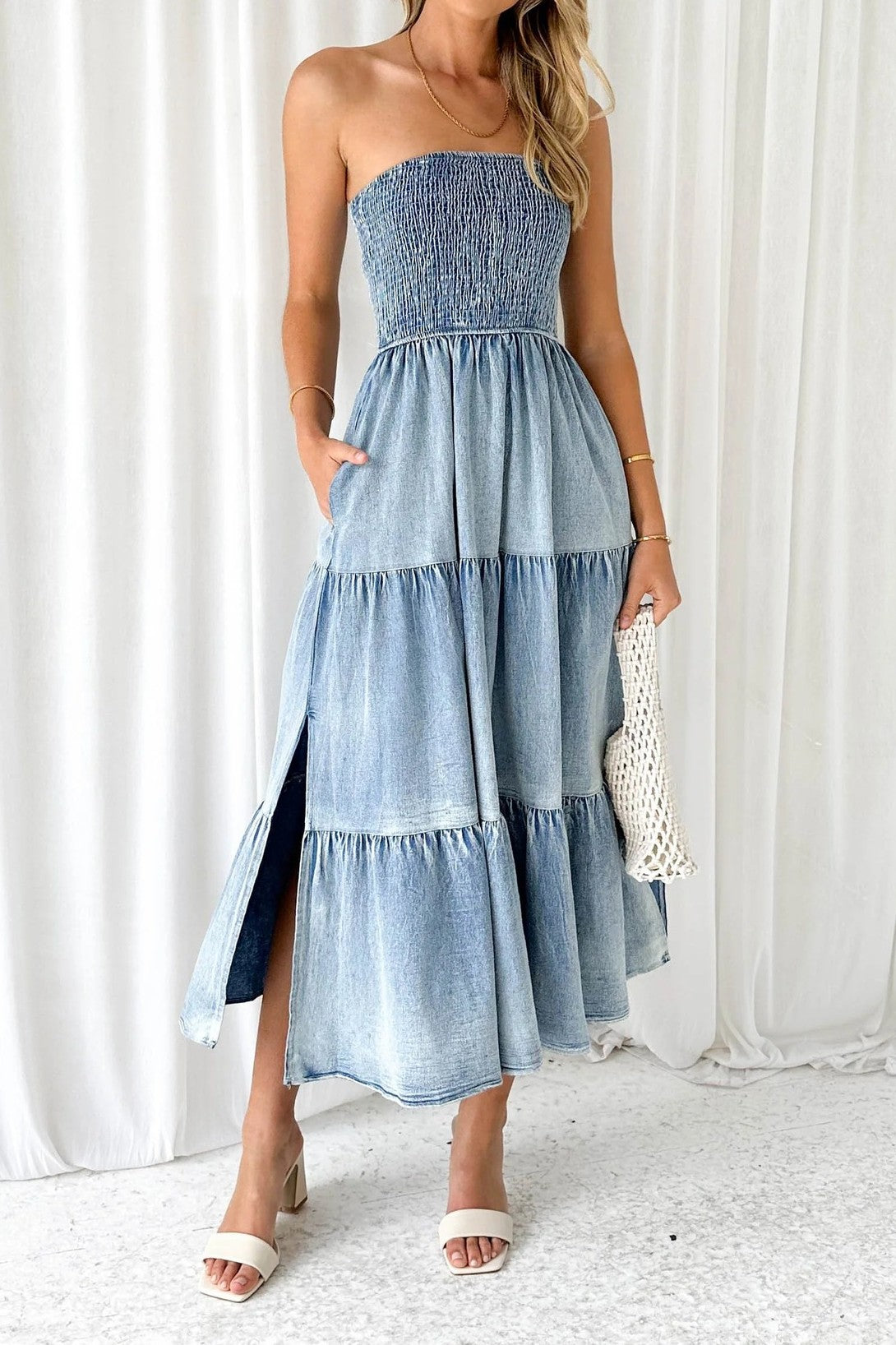 Strapless Side Slit Layered Denim Dress