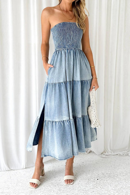 Strapless Side Slit Layered Denim Dress