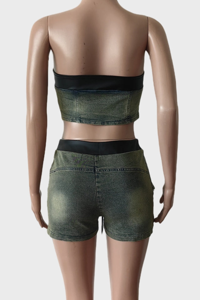 Denim Lace up Tube Top Shorts Stretch Set