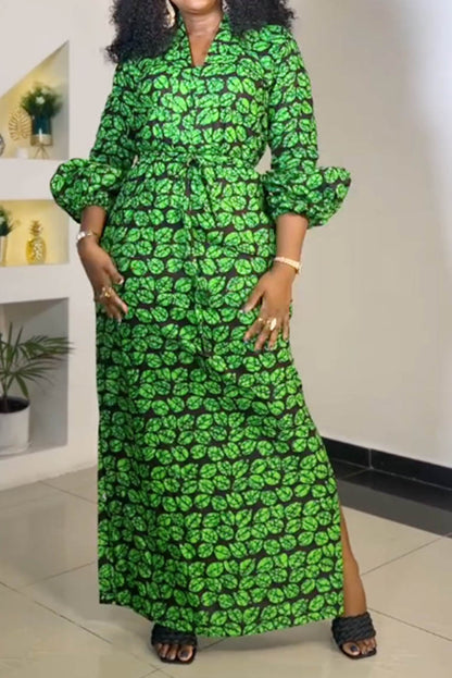 Print Slit V Neck Long Dresses