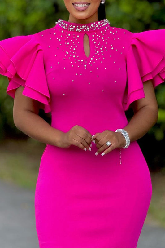 Pearls Decor O Neck Wrapped Dress