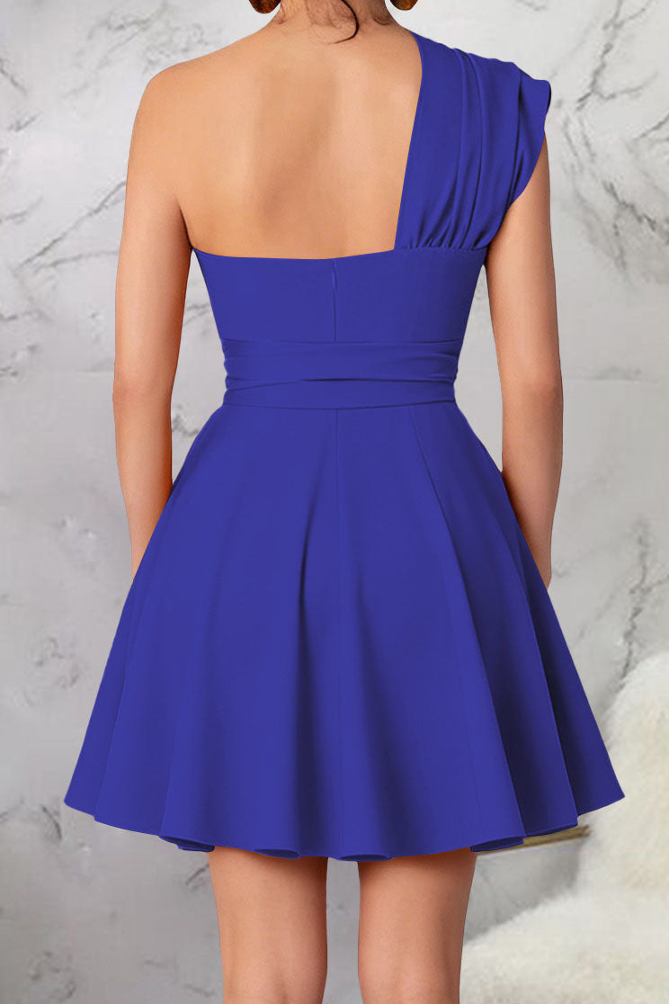 One-Shoulder Tie-Waist Pleated Mini Dress