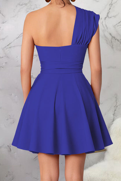 One-Shoulder Tie-Waist Pleated Mini Dress