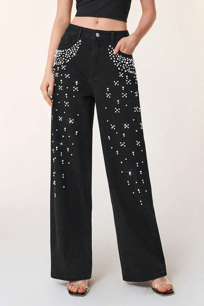 Pearl & Rhinestone Embellished Wide Leg Jeans