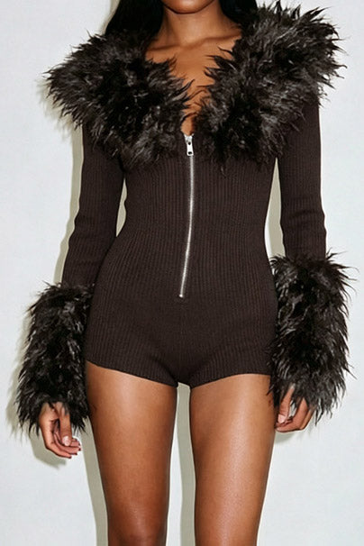Plush-Trim Zip-Front Long-Sleeve Romper