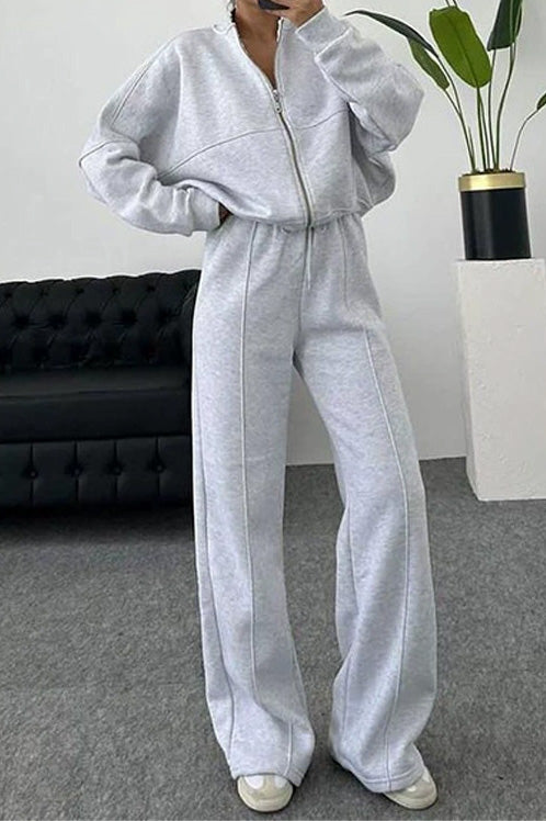 Baseball Collar Full Zip Drawstring Pants Set