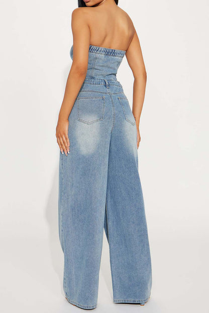 Strapless Slim Top Wide-Leg Denim Jumpsuit