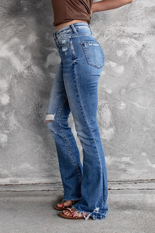 High Waist Distressed Raw Hem Flare Jeans