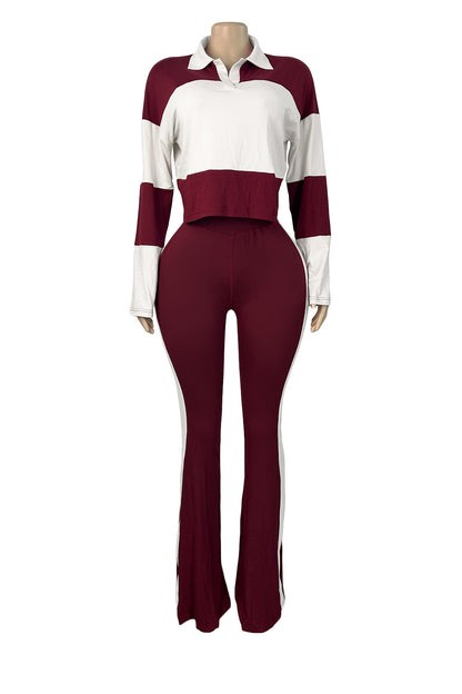 Colorblock Polo Top & Flare Pants Set