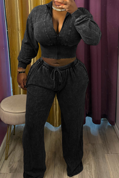 Washed Cropped Zip Jacket Wide Leg Pants Set