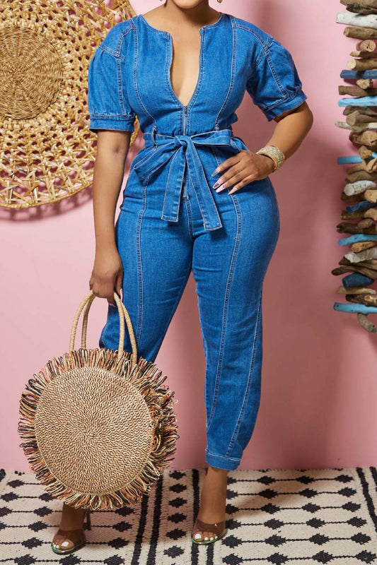Puff Sleeve Belted Slim Denim Jumpsuit