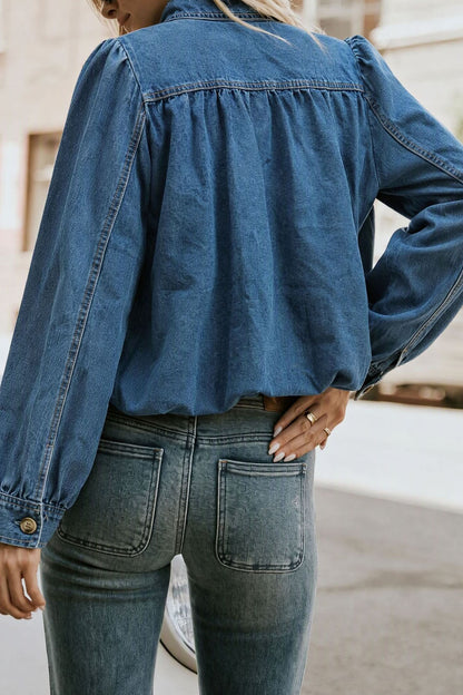 Puff-Sleeve Stand-Collar Denim Jacket