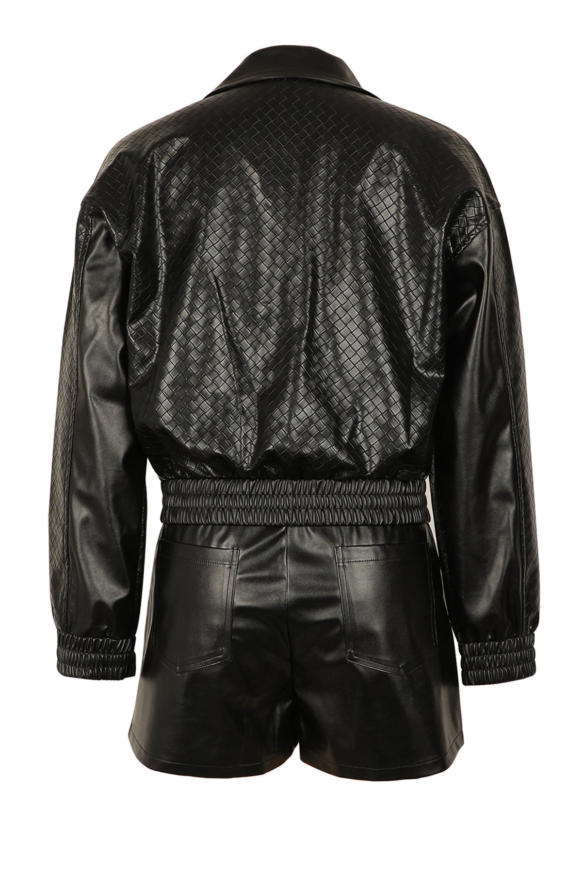 Woven Faux Leather Bomber Shorts Set