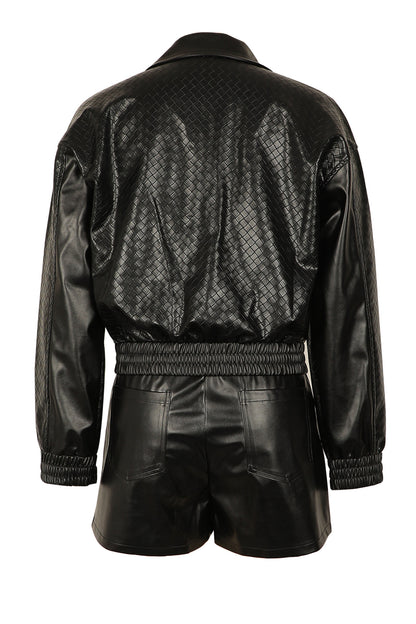 Woven Faux Leather Bomber Shorts Set