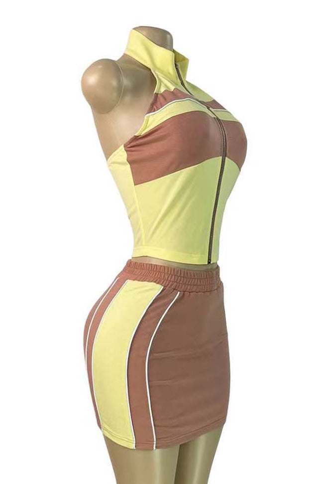 Colorblock Halter Zip Skirt Set