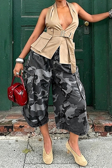 Camo Cargo Balloon Capri Pants