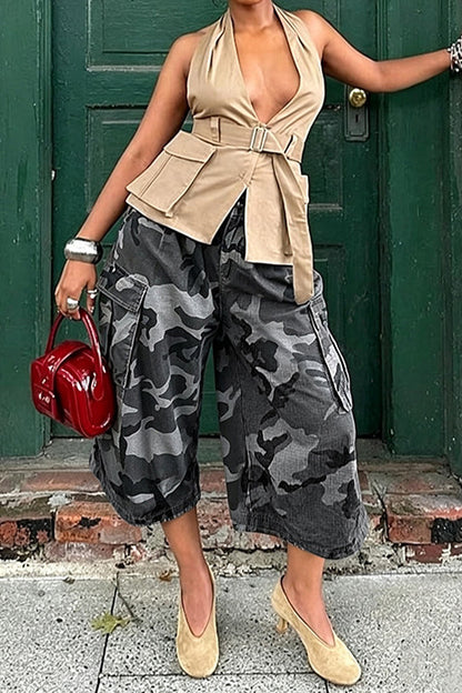 Camo Cargo Balloon Capri Pants