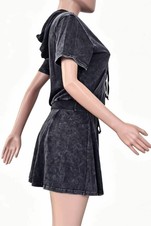 Mineral Wash Short Sleeve Hoodie & Skater Skirt Set