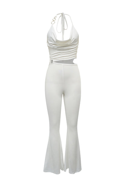 Cowl Neck Cutout Flared Jumpsuit