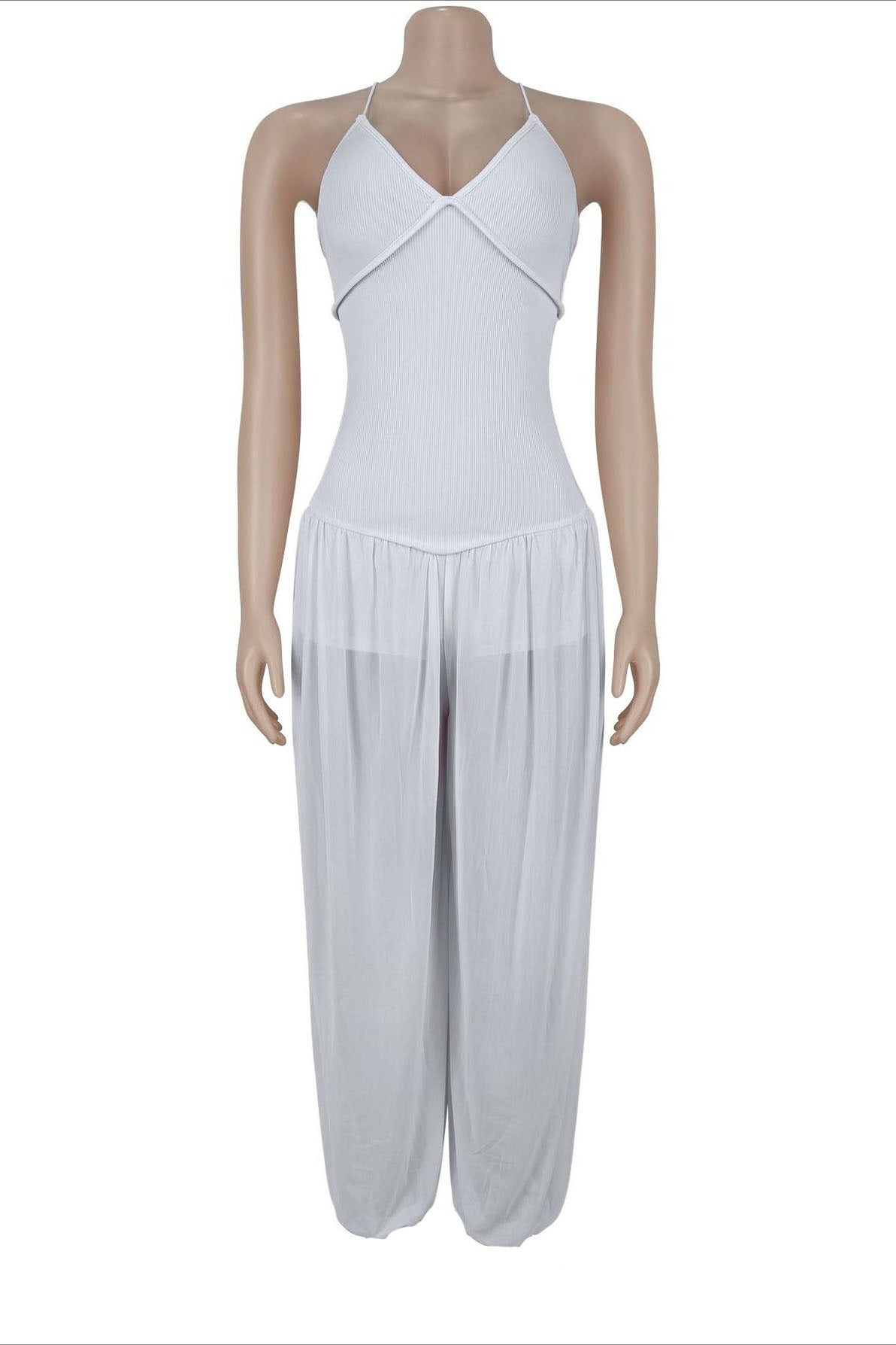 Sheer Lace-Up Wide Leg Jumpsuit