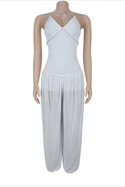 Sheer Lace-Up Wide Leg Jumpsuit