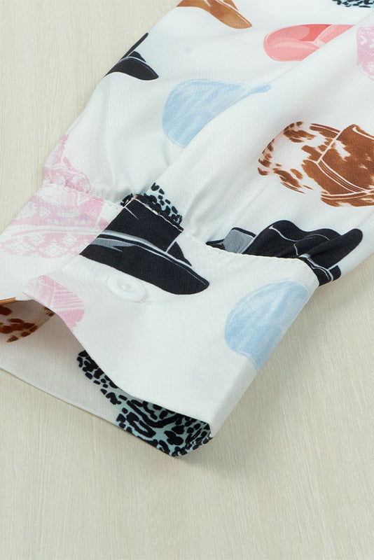 Cow Boy Hats Puff Sleeve Button Up Shirt
