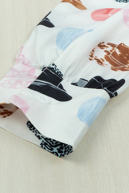 Cow Boy Hats Puff Sleeve Button Up Shirt