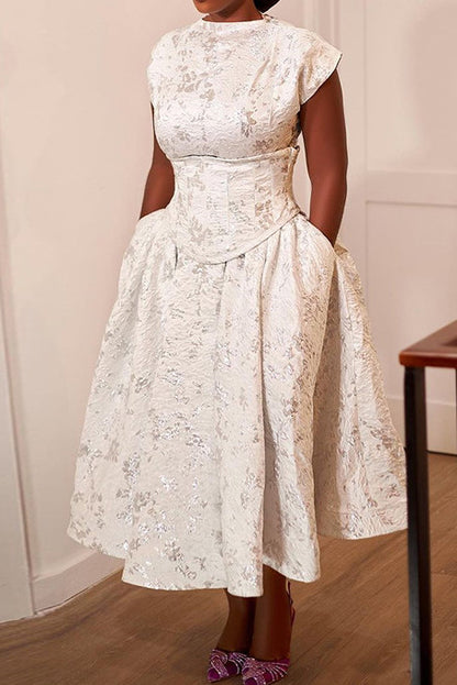 Printed Waist Defined A Line Midi Dress