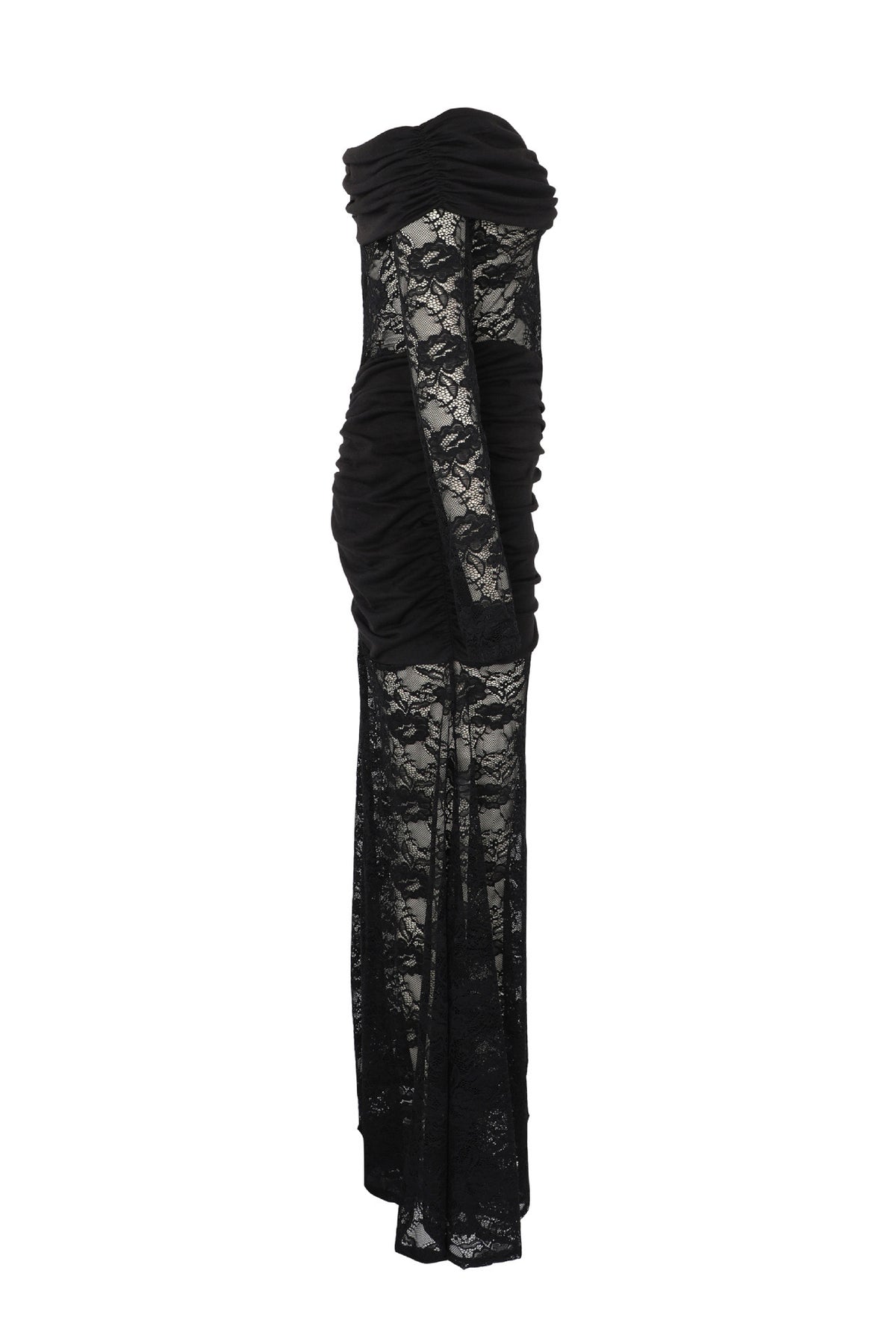 Off-Shoulder Ruched Lace Maxi Dress