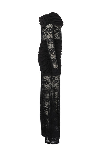 Off-Shoulder Ruched Lace Maxi Dress
