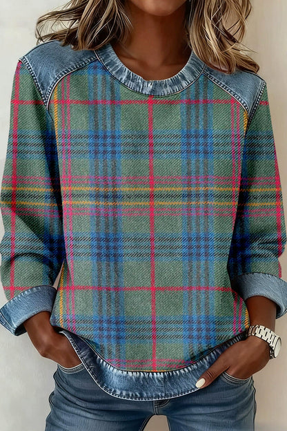 Denim Collar Long Sleeve Knit Pullover Top