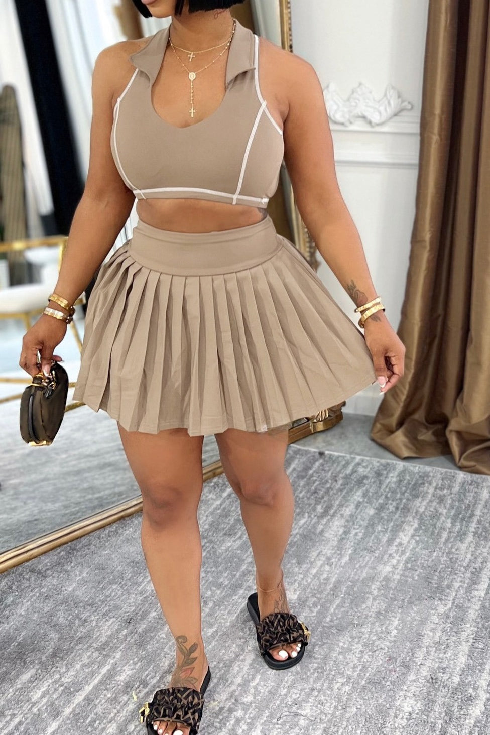 Contrast Stitch Collared Crop Top & Pleated Mini Skirt Set
