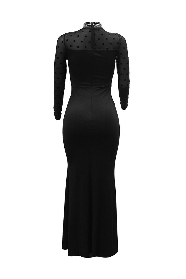Rhinestone Mesh Sleeve Mermaid Maxi Dress