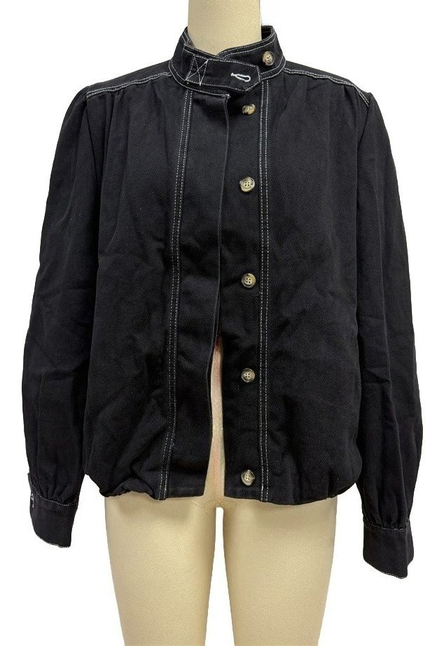 Puff-Sleeve Stand-Collar Denim Jacket