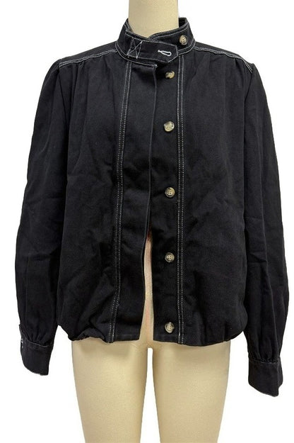Puff-Sleeve Stand-Collar Denim Jacket