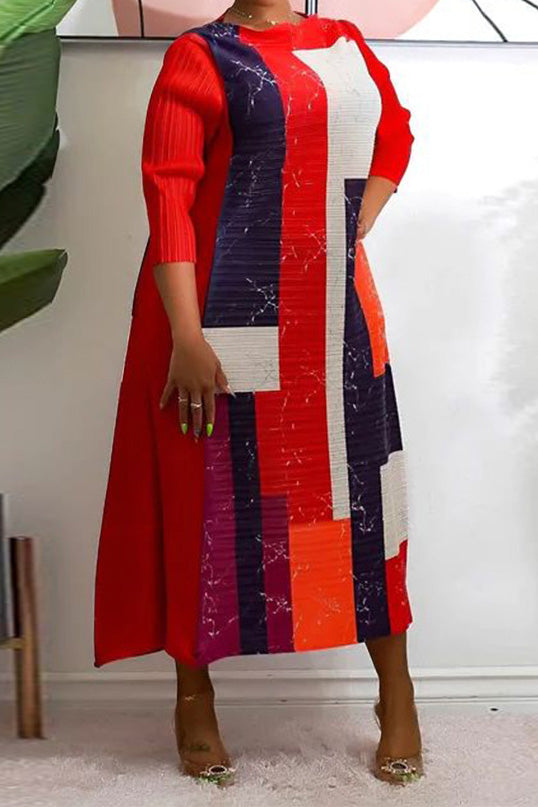 Abstract Print Pleated A Line Midi Dress