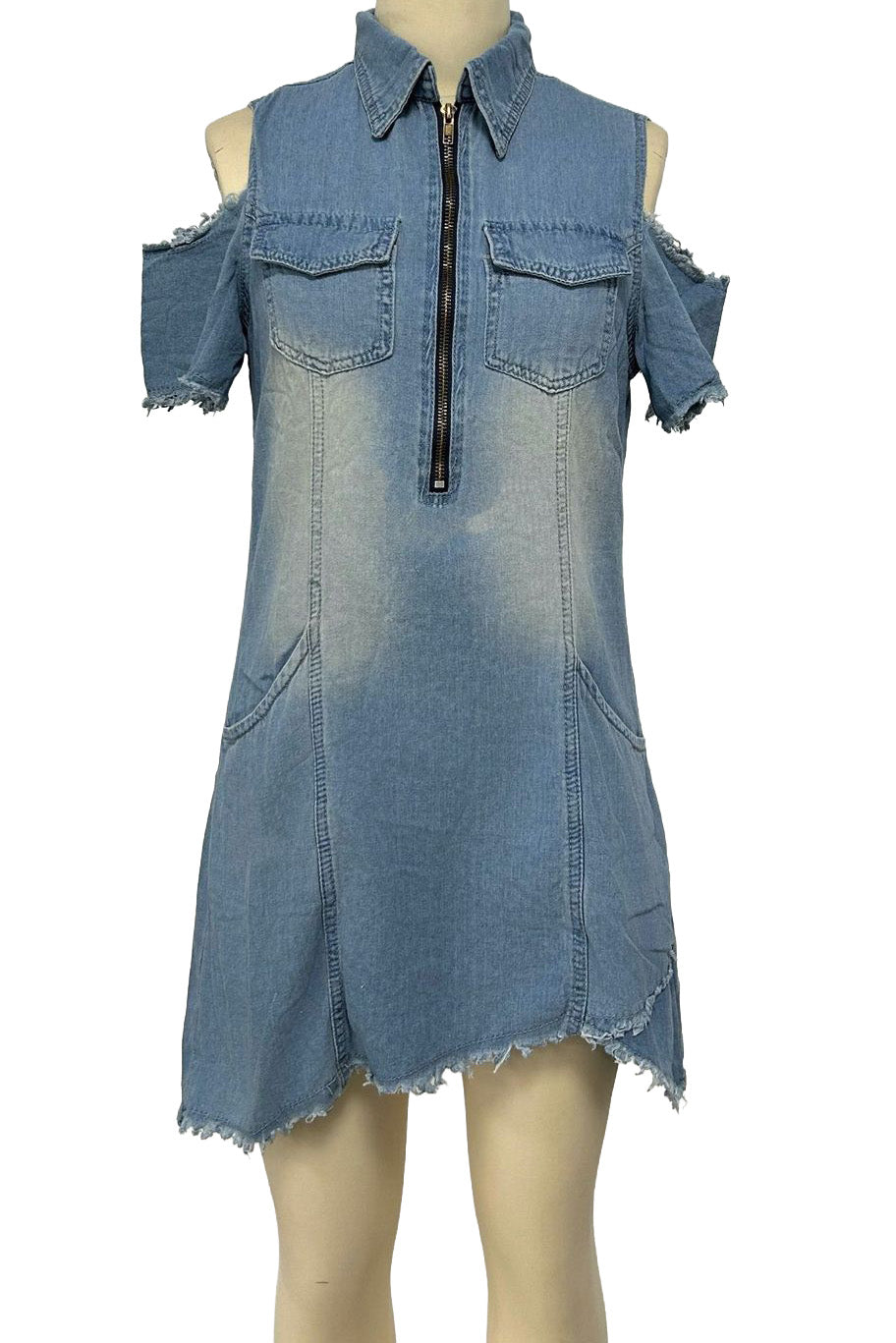 Cold Shoulder Zip Front Denim Mini Dress