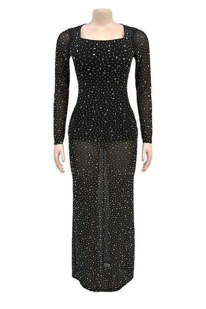 Crystal Embellished Square Neck Maxi Dress