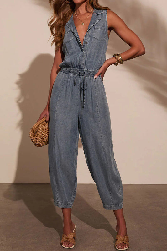 Sleeveless Drawstring Waist Washed Denim Jumpsuit
