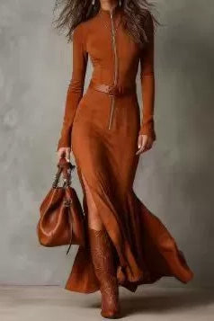 Long Sleeve Zipper Slim Fit Slit Maxi Dress