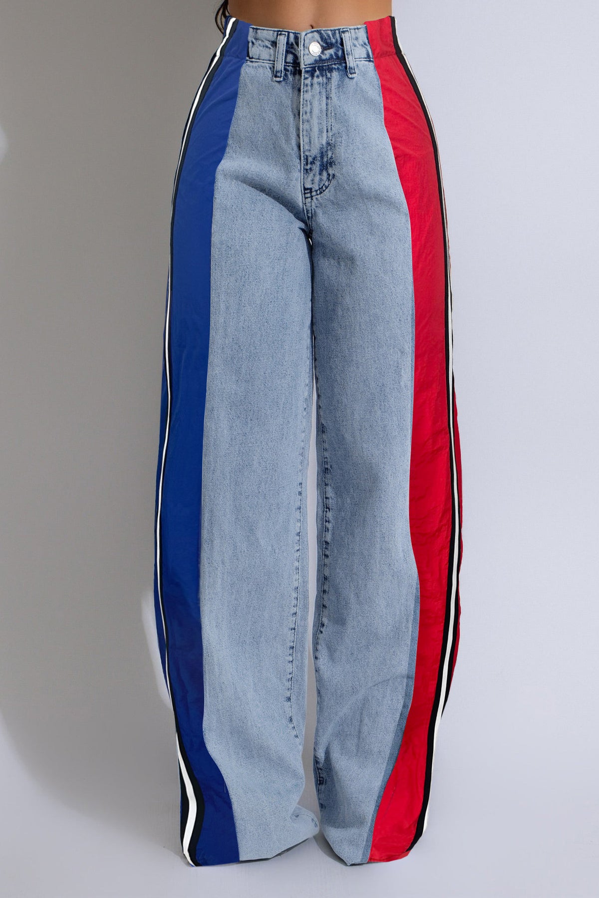 Wide Jeans with Wide Contrast Side Lines-Light Blue
