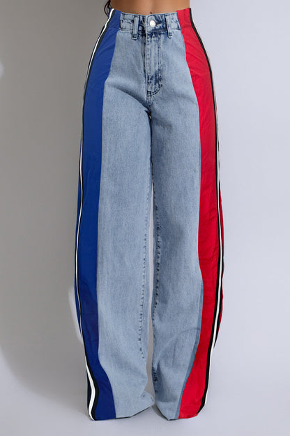 Wide Jeans with Wide Contrast Side Lines-Light Blue