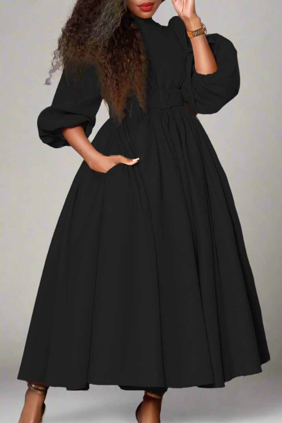 High Neck Puff Sleeve Evening Large Hem Dresses