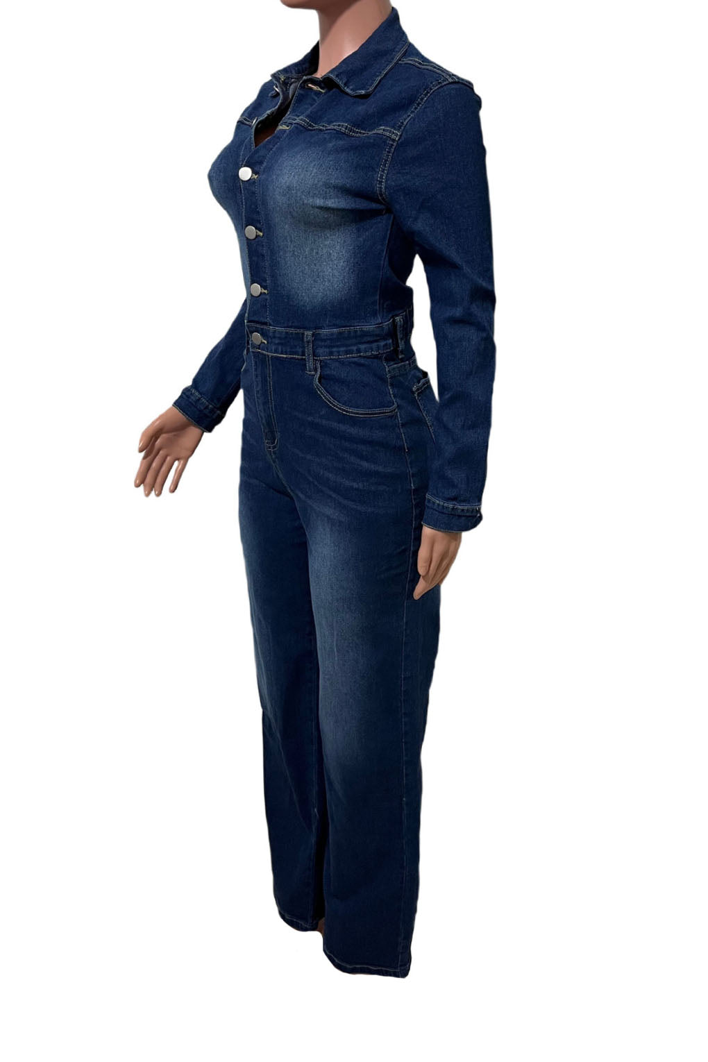 Stretch Flare Long Sleeve Denim Jumpsuit