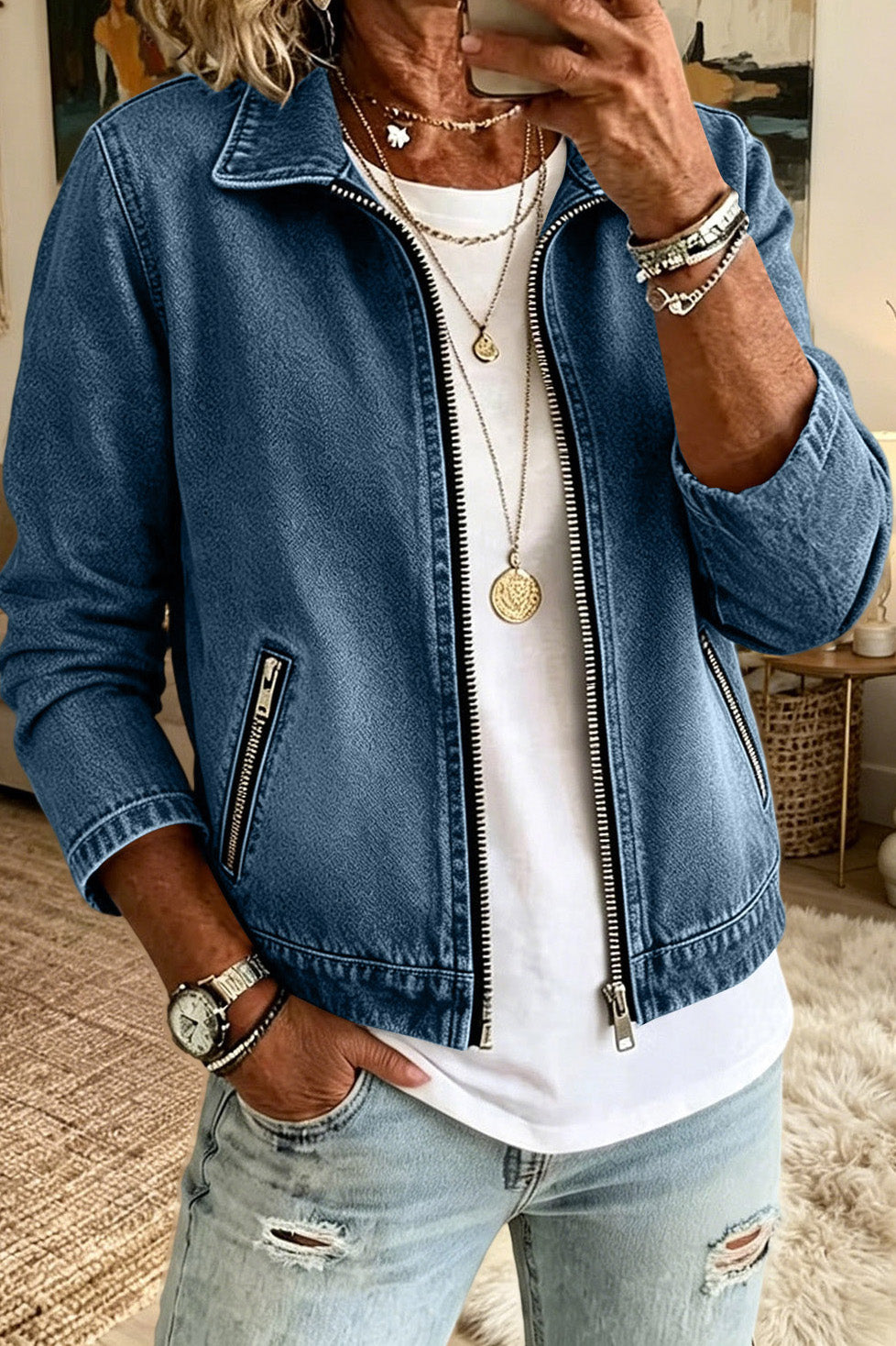 Washed Zip Front Denim Jacket