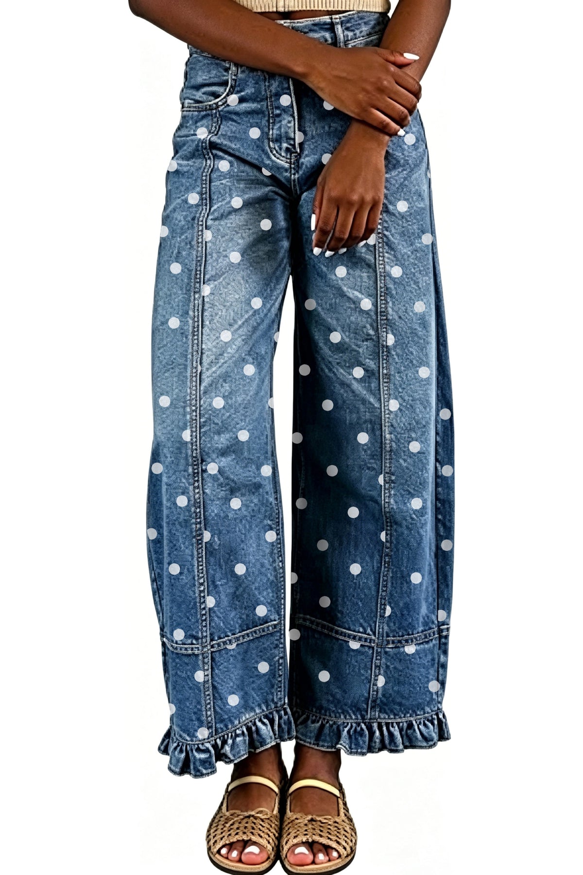 Polka Dot Wide Leg Jeans with Ruffle Hem
