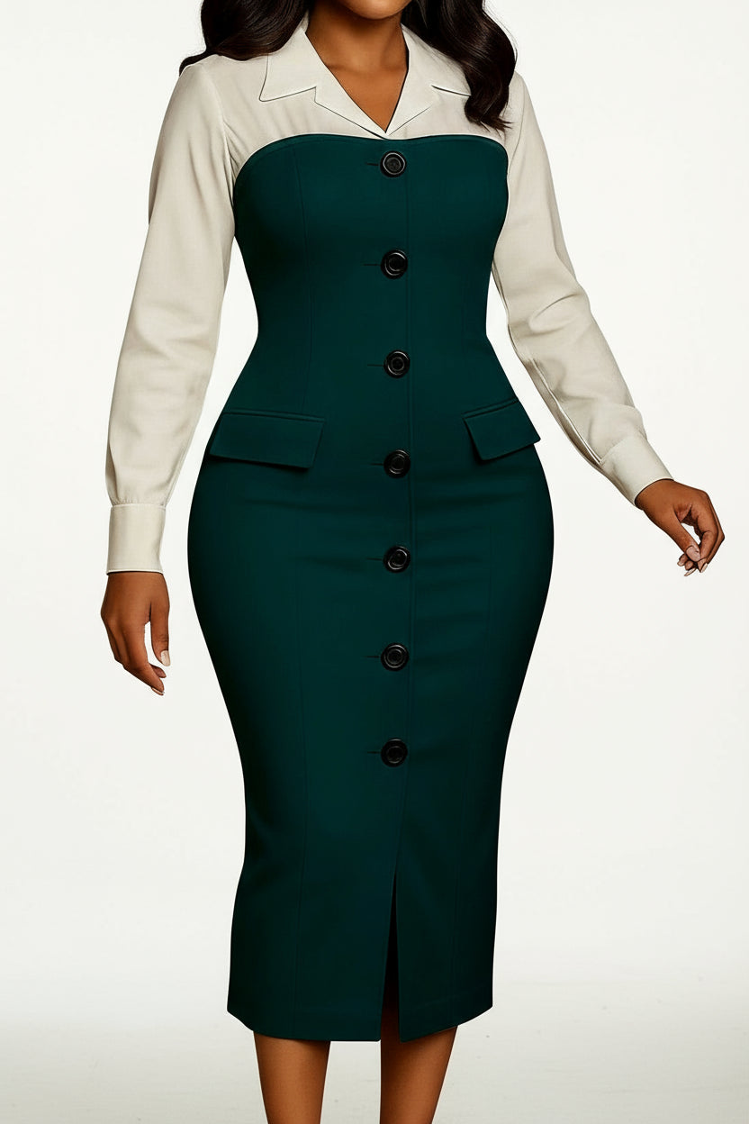 Long Sleeve Blazer Collar Pencil Skirt Dress