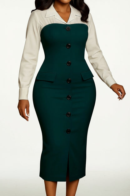 Long Sleeve Blazer Collar Pencil Skirt Dress