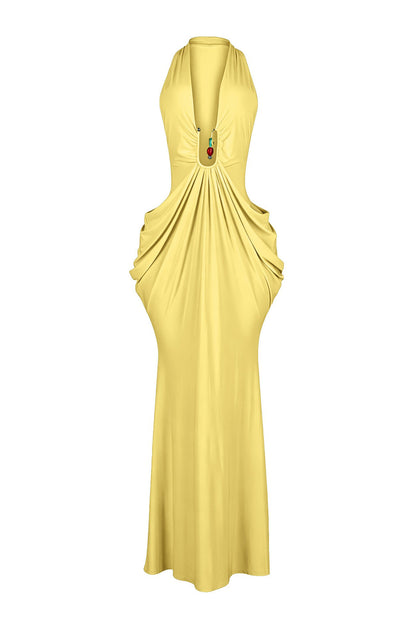 Plunging Halter Beaded Cutout Maxi Dress