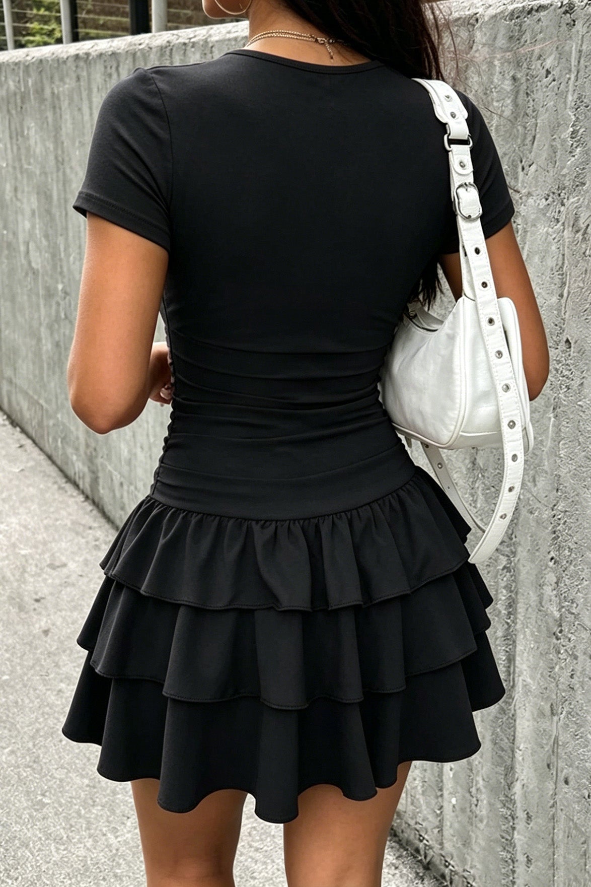 Ruched Tiered Ruffle Mini Dress